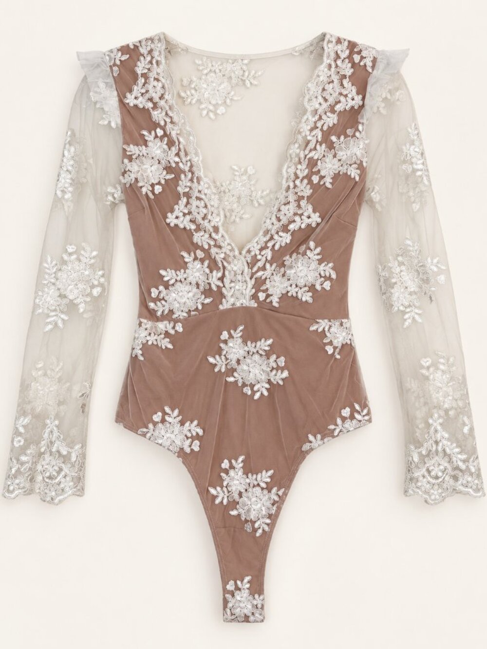 For Love and Lemons Amber Embroidered Lace Mesh Bodysuit Top Ivory Nude Small